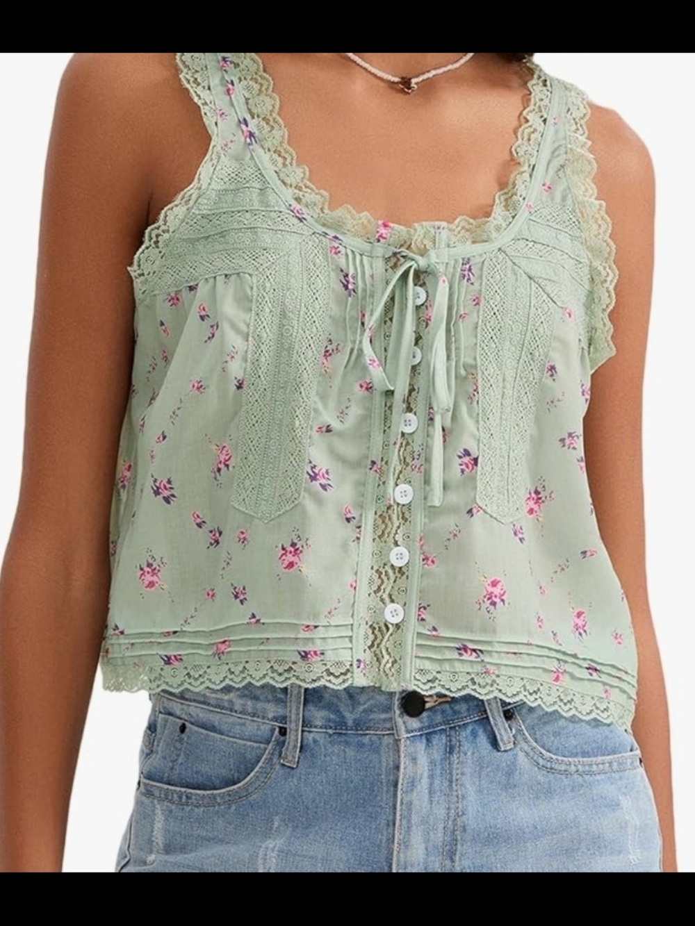 Sleeveless Lace Trim Tank Tops Button Front Tie, Mesh, Free Flowy Top